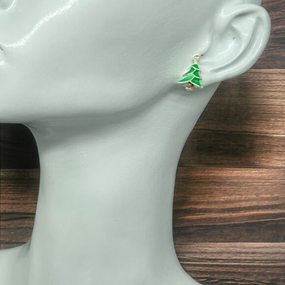 Vintage Christmas Tree Stud Earrings Holiday Green White Enamel Small 0.5 inch - Picture 5 of 5